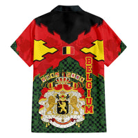 Belgium Family Matching Off The Shoulder Long Sleeve Dress and Hawaiian Shirt with Royal Coat of Arms Crown Lion Red Green Checker Spirit