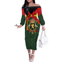Belgium Family Matching Off The Shoulder Long Sleeve Dress and Hawaiian Shirt with Royal Coat of Arms Crown Lion Red Green Checker Spirit