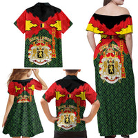 Belgium Family Matching Off Shoulder Maxi Dress and Hawaiian Shirt with Royal Coat of Arms Crown Lion Red Green Checker Spirit