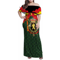 Belgium Family Matching Off Shoulder Maxi Dress and Hawaiian Shirt with Royal Coat of Arms Crown Lion Red Green Checker Spirit