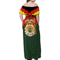 Belgium Family Matching Off Shoulder Maxi Dress and Hawaiian Shirt with Royal Coat of Arms Crown Lion Red Green Checker Spirit