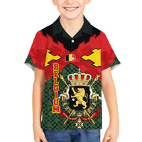 Belgium Family Matching Off Shoulder Short Dress and Hawaiian Shirt with Royal Coat of Arms Crown Lion Red Green Checker Spirit