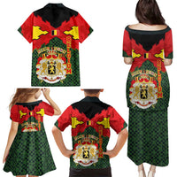 Belgium Family Matching Puletasi and Hawaiian Shirt with Royal Coat of Arms Crown Lion Red Green Checker Spirit