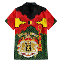 Belgium Family Matching Short Sleeve Bodycon Dress and Hawaiian Shirt with Royal Coat of Arms Crown Lion Red Green Checker Spirit