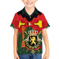 Belgium Family Matching Short Sleeve Bodycon Dress and Hawaiian Shirt with Royal Coat of Arms Crown Lion Red Green Checker Spirit