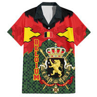 Belgium Hawaiian Shirt with Royal Coat of Arms Crown Lion Red Green Checker Spirit