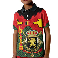 Belgium Kid Polo Shirt with Royal Coat of Arms Crown Lion Red Green Checker Spirit