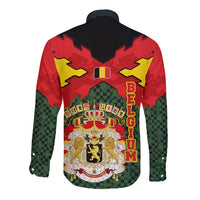 Belgium Long Sleeve Button Shirt with Royal Coat of Arms Crown Lion Red Green Checker Spirit