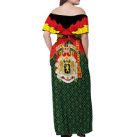 Belgium Off Shoulder Maxi Dress with Royal Coat of Arms Crown Lion Red Green Checker Spirit