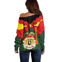 Belgium Off Shoulder Sweater with Royal Coat of Arms Crown Lion Red Green Checker Spirit