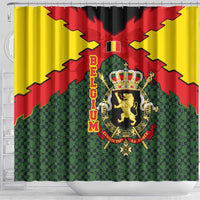Belgium Shower Curtain with Royal Coat of Arms Crown Lion Red Green Checker Spirit