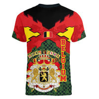 Belgium Women V-Neck T-Shirt with Royal Coat of Arms Crown Lion Red Green Checker Spirit
