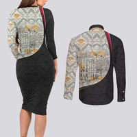 Belgium Couples Matching Long Sleeve Bodycon Dress and Long Sleeve Button Shirt with Grand Place Brussels Art Nouveau Floral Spirit