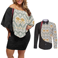 Belgium Couples Matching Off Shoulder Short Dress and Long Sleeve Button Shirt with Grand Place Brussels Art Nouveau Floral Spirit