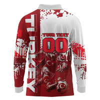 Personalized Turkey Football Long Sleeve Polo Shirt Turkish Flag Grey Wolf Skyline