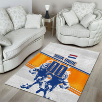 Personalized Netherlands Football Area Rug Dutch Lion Heritage Mascot Flame Swirl