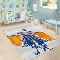 Personalized Netherlands Football Area Rug Dutch Lion Heritage Mascot Flame Swirl
