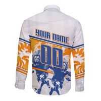 Personalized Netherlands Football Long Sleeve Button Shirt Dutch Lion Heritage Mascot Flame Swirl