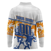 Personalized Netherlands Football Long Sleeve Polo Shirt Dutch Lion Heritage Mascot Flame Swirl