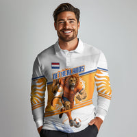 Personalized Netherlands Football Long Sleeve Polo Shirt Dutch Lion Heritage Mascot Flame Swirl