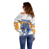 Personalized Netherlands Football Off Shoulder Sweater Dutch Lion Heritage Mascot Flame Swirl