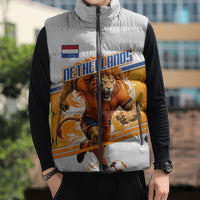 Personalized Netherlands Football Sleeveless Puffer Jacket Dutch Lion Heritage Mascot Flame Swirl