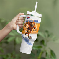 Personalized Netherlands Football Tumbler With Handle Dutch Lion Heritage Mascot Flame Swirl