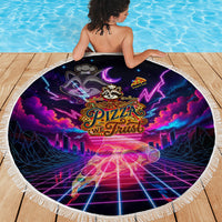 Retro Raccoon Eating Pizza Beach Blanket 80s Synthwave Pizza Arcade Neon Gaming Aesthetic
