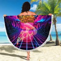 Retro Raccoon Eating Pizza Beach Blanket 80s Synthwave Pizza Arcade Neon Gaming Aesthetic