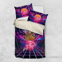 Retro Raccoon Eating Pizza Bedding Set 80s Synthwave Pizza Arcade Neon Gaming Aesthetic