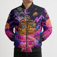 Retro Raccoon Eating Pizza Bomber Puffer Jacket 80s Synthwave Pizza Arcade Neon Gaming Aesthetic
