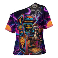 Retro Raccoon Eating Pizza Cross Shoulder Shirt 80s Synthwave Pizza Arcade Neon Gaming Aesthetic