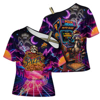 Retro Raccoon Eating Pizza Cross Shoulder Shirt 80s Synthwave Pizza Arcade Neon Gaming Aesthetic