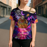Retro Raccoon Eating Pizza Cross Shoulder Shirt 80s Synthwave Pizza Arcade Neon Gaming Aesthetic