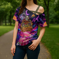 Retro Raccoon Eating Pizza Cross Shoulder Shirt 80s Synthwave Pizza Arcade Neon Gaming Aesthetic