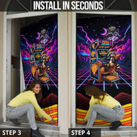 Retro Raccoon Eating Pizza Door Cover 80s Synthwave Pizza Arcade Neon Gaming Aesthetic