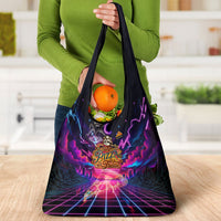 Retro Raccoon Eating Pizza Grocery Bag 80s Synthwave Pizza Arcade Neon Gaming Aesthetic
