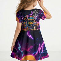 Retro Raccoon Eating Pizza Kid Short Sleeve Dress 80s Synthwave Pizza Arcade Neon Gaming Aesthetic