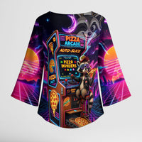 Retro Raccoon Eating Pizza Kimono Sleeve Blouse 80s Synthwave Pizza Arcade Neon Gaming Aesthetic