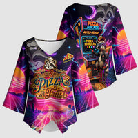 Retro Raccoon Eating Pizza Kimono Sleeve Blouse 80s Synthwave Pizza Arcade Neon Gaming Aesthetic