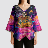 Retro Raccoon Eating Pizza Kimono Sleeve Blouse 80s Synthwave Pizza Arcade Neon Gaming Aesthetic