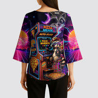 Retro Raccoon Eating Pizza Kimono Sleeve Blouse 80s Synthwave Pizza Arcade Neon Gaming Aesthetic
