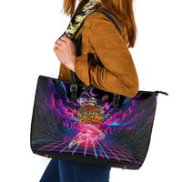 Retro Raccoon Eating Pizza Leather Tote Bag 80s Synthwave Pizza Arcade Neon Gaming Aesthetic