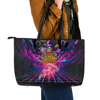 Retro Raccoon Eating Pizza Leather Tote Bag 80s Synthwave Pizza Arcade Neon Gaming Aesthetic