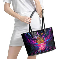 Retro Raccoon Eating Pizza Leather Tote Bag 80s Synthwave Pizza Arcade Neon Gaming Aesthetic