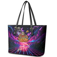 Retro Raccoon Eating Pizza Leather Tote Bag 80s Synthwave Pizza Arcade Neon Gaming Aesthetic