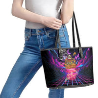 Retro Raccoon Eating Pizza Leather Tote Bag 80s Synthwave Pizza Arcade Neon Gaming Aesthetic