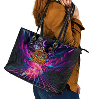 Retro Raccoon Eating Pizza Leather Tote Bag 80s Synthwave Pizza Arcade Neon Gaming Aesthetic