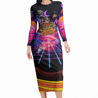 Retro Raccoon Eating Pizza Long Sleeve Bodycon Dress 80s Synthwave Pizza Arcade Neon Gaming Aesthetic