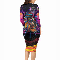 Retro Raccoon Eating Pizza Long Sleeve Bodycon Dress 80s Synthwave Pizza Arcade Neon Gaming Aesthetic